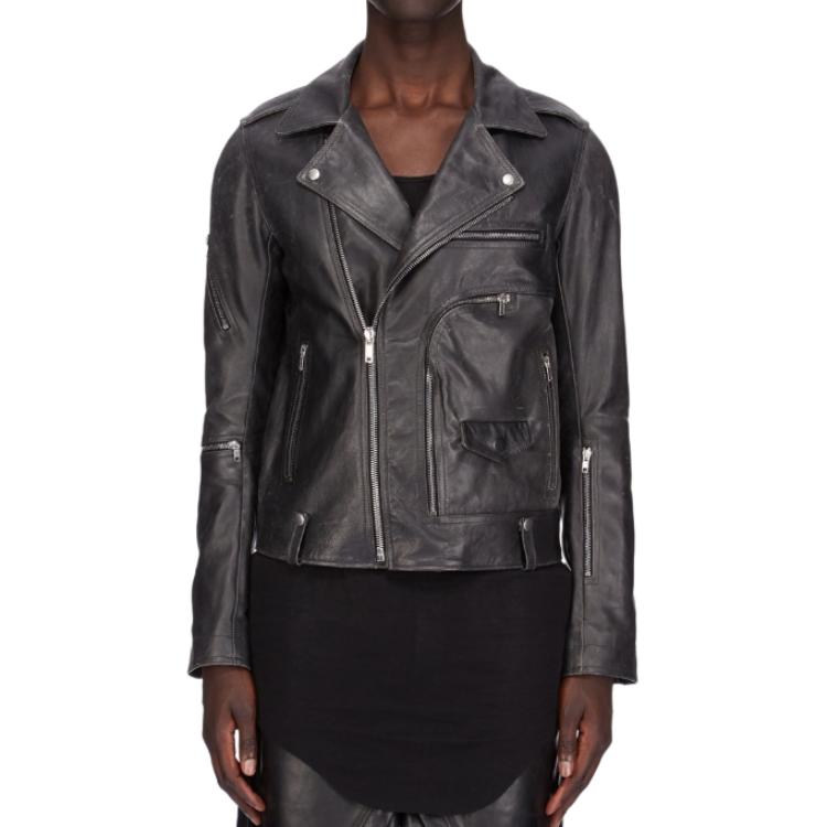 Shop Rick Owens 黑色皮革拉鍊翻領夾克 RU01E5765LTP-09