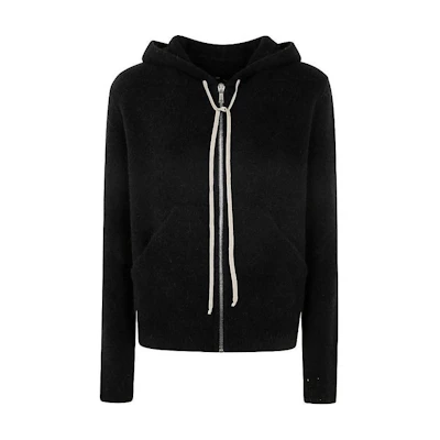 RICK OWENS Black Solid Color Knit Hoodie with Zip Long Sleeves RU02D6614KWP-09