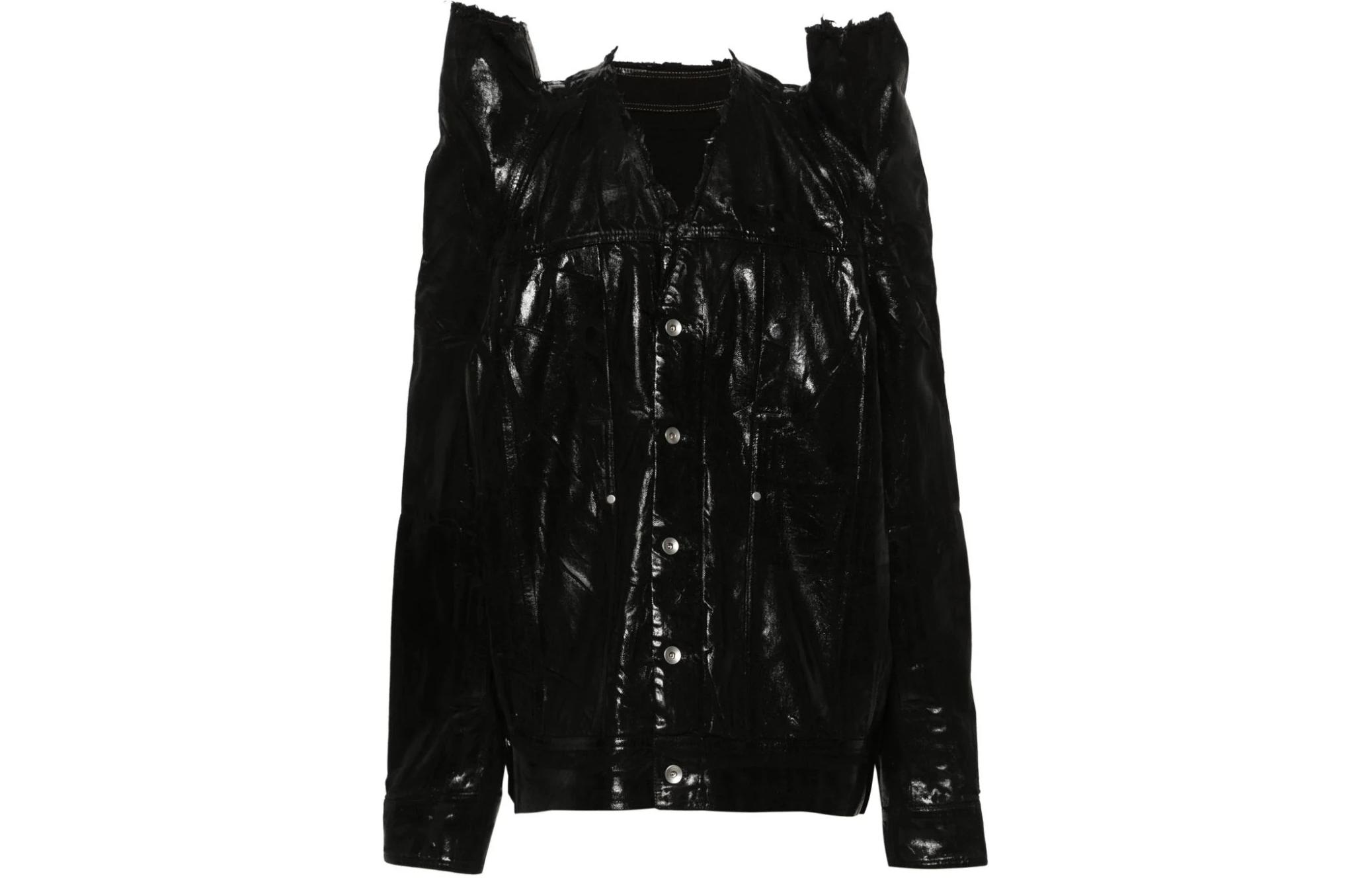 Rick Owens Black Glossy V-Neck Button-Up Long Sleeve Jacket RR01D3719BF-09