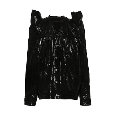 Rick Owens Black Glossy V-Neck Button-Up Long Sleeve Jacket RR01D3719BF-09