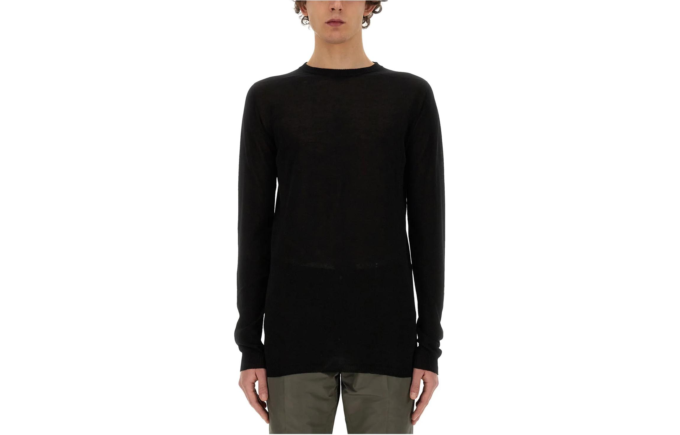 Rick Owens Black Oversized Crewneck Sweatshirt with Pleated Hem RU01D3622C-09