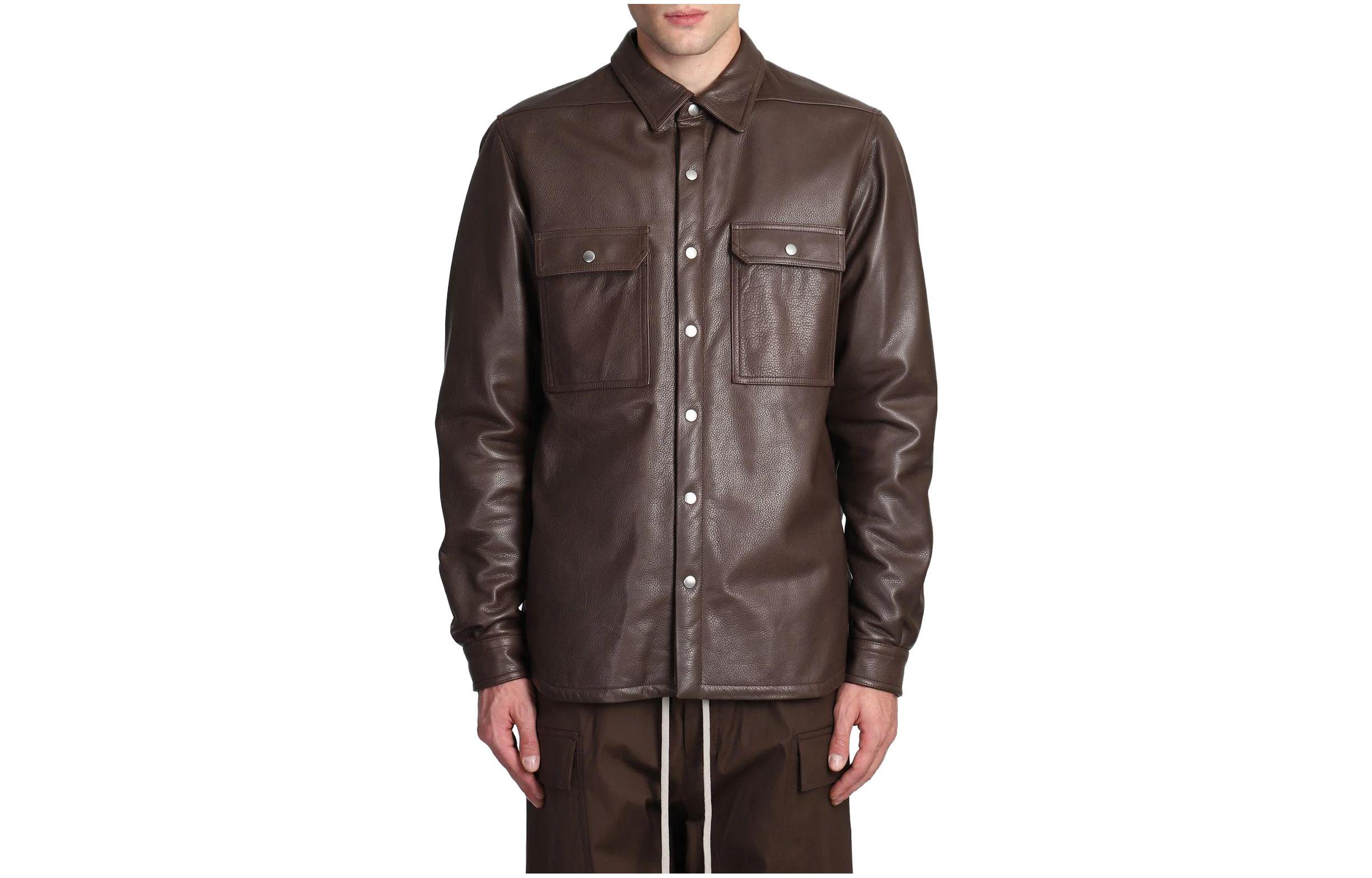 Rick Owens Brown Leather Button-Up Long-Sleeve Jacket RU02C7729LCN-04