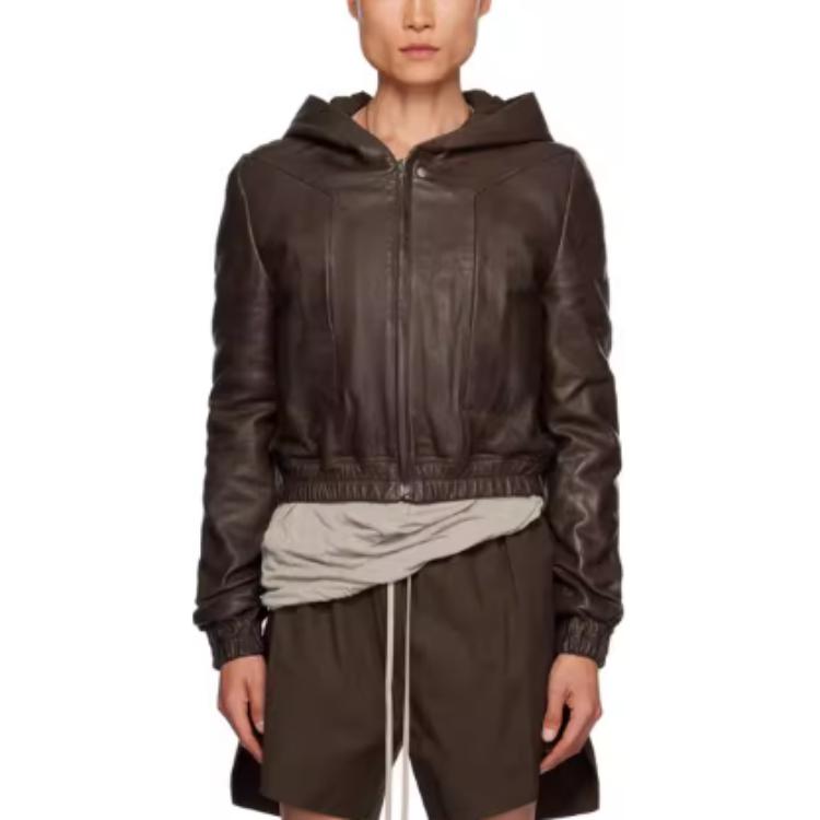 Rick Owens Brown Solid Color Hooded Long Sleeve Jacket RU02C7775LNV-04