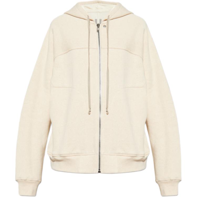 Rick Owens Cream Zip-Up Plain Hoodie Jacket with Oversized Fit RU01E5241JT-21