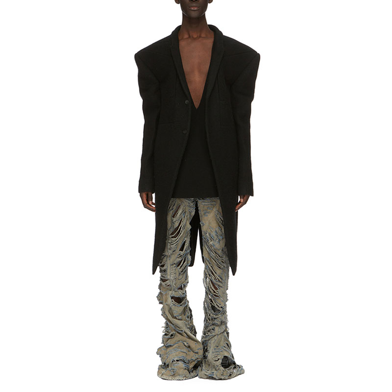 Lookbook リックオウエンス ディストレスト フレア デニム ジーンズ パールグレー RR02C7315DMPSH98