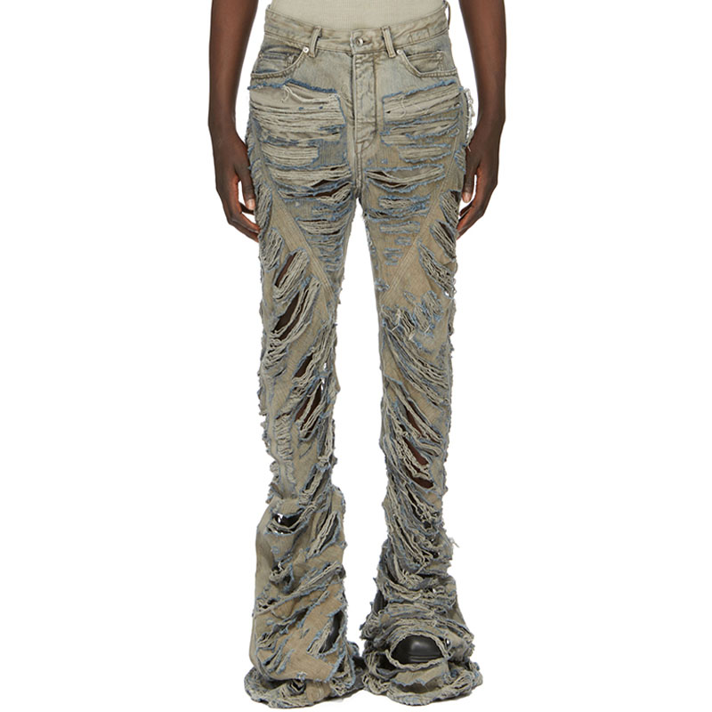 Shop リックオウエンス ディストレスト フレア デニム ジーンズ パールグレー RR02C7315DMPSH98