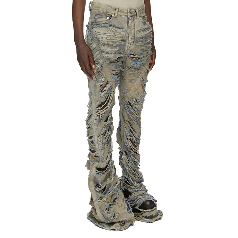 Details for リックオウエンス ディストレスト フレア デニム ジーンズ パールグレー RR02C7315DMPSH98