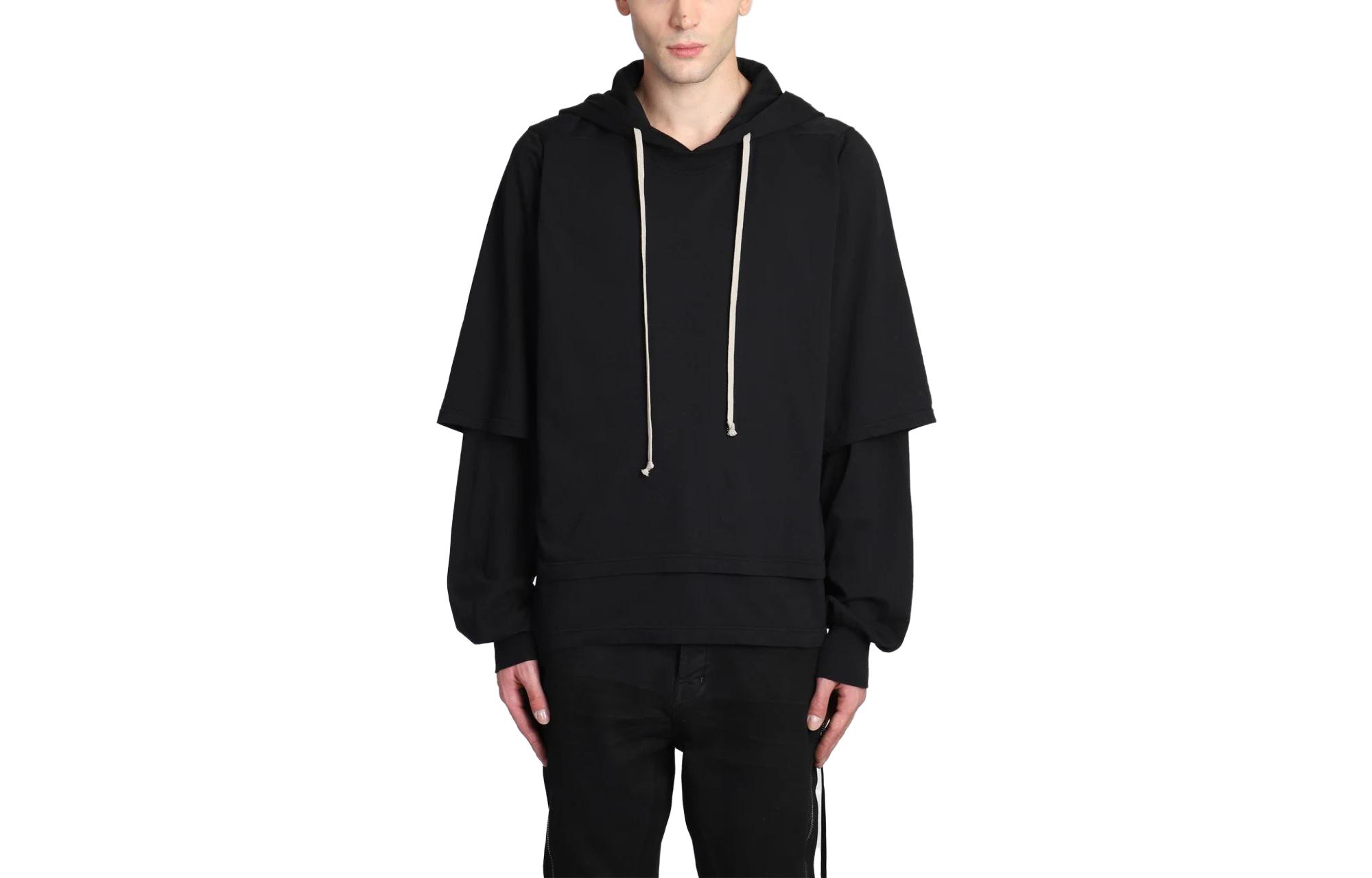 Rick Owens DRKSHDW Black Layered Hoodie with Drawstring Pullover Design DU02C5281RN-09