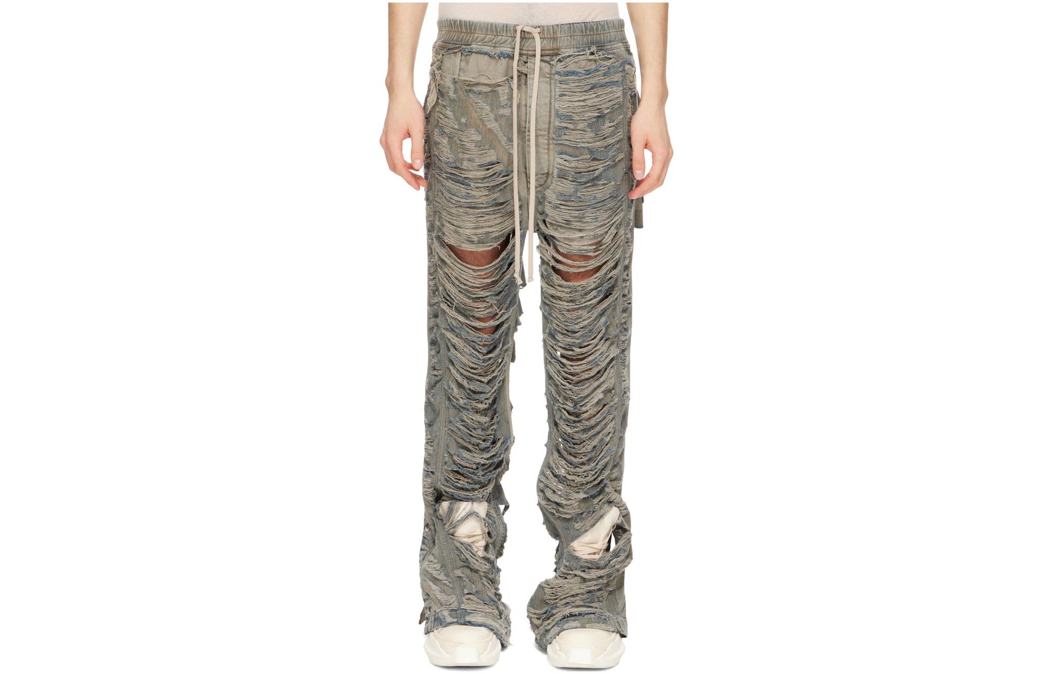 Order 릭 오웬스 DRKSHDW 디스트레스드 미드 라이즈 레이스업 찢어진 청바지 남성용 블루. DU02C5393DMPSH-98