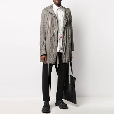 Rick Owens DRKSHDW FW21 Hoodie Coat Abu-Abu Logo Panjang Sedang. DU20S5968-ND Lookbook Rick Owens DRKSHDW FW21 Hoodie Coat Abu-Abu Logo Panjang Sedang. DU20S5968-ND