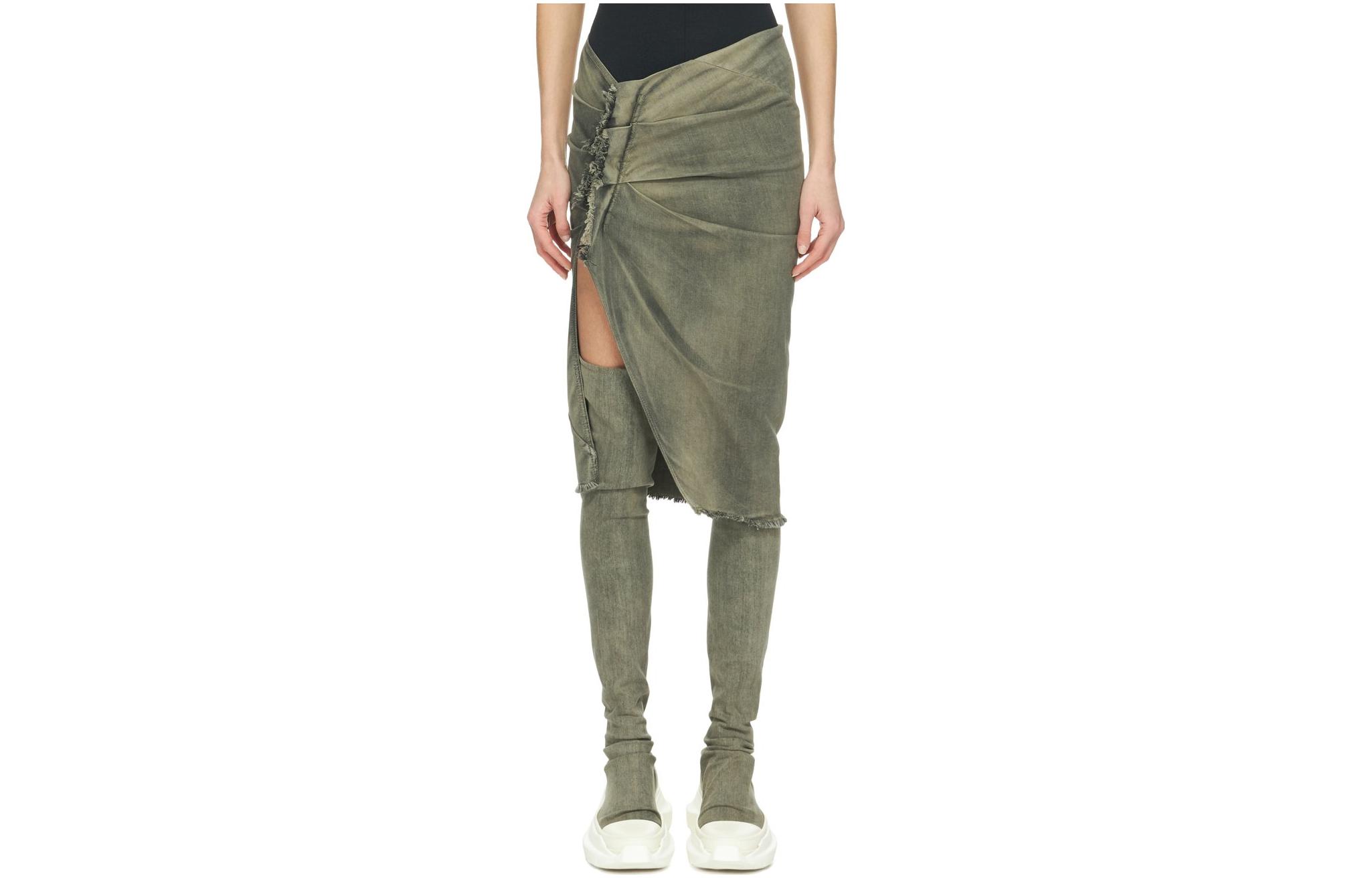 Rick Owens DRKSHDW FW23 Grey Wrinkled Slim Denim Midi Skirt DS02C5341SDMP-38