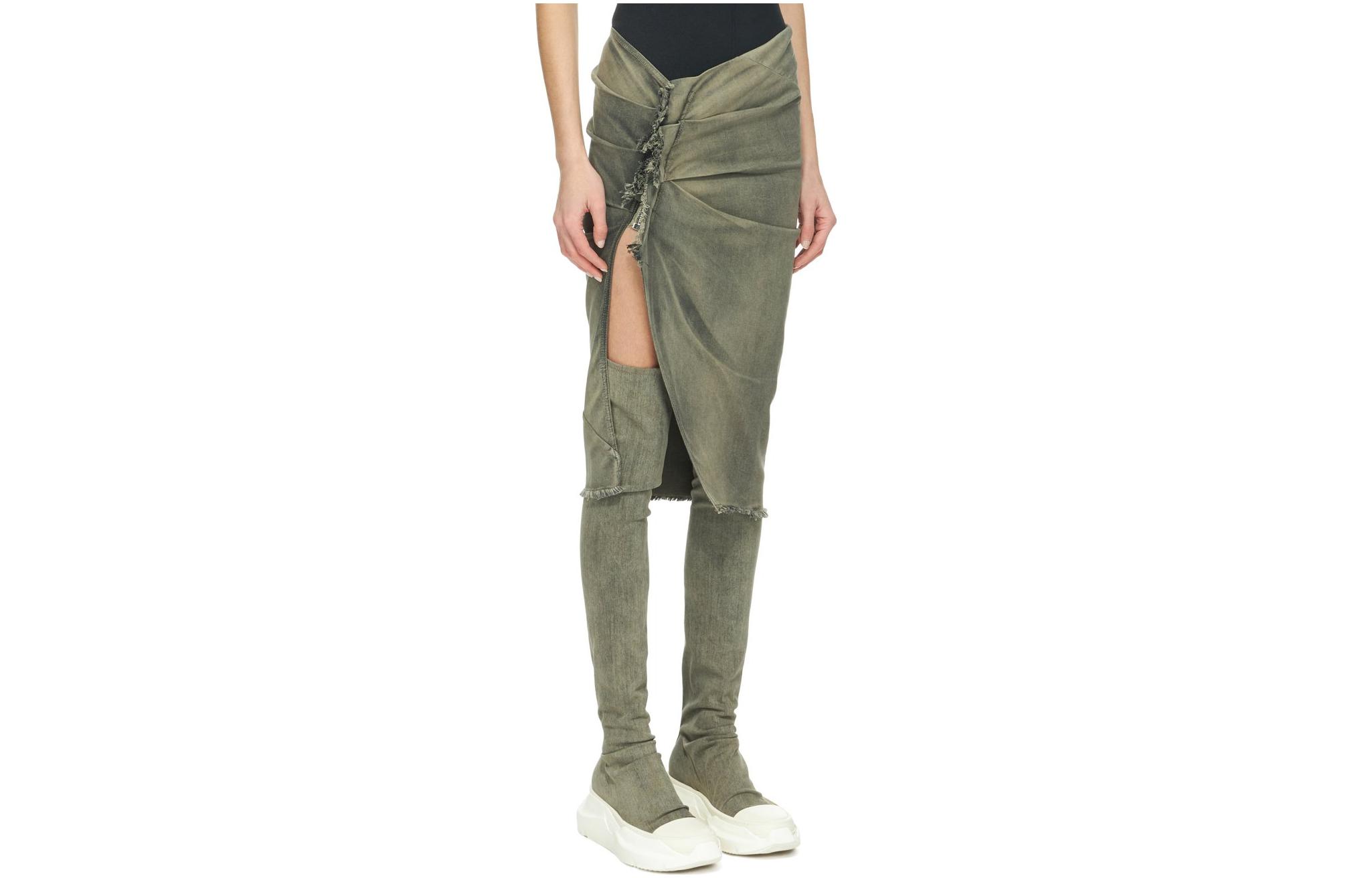 Shop Rick Owens DRKSHDW FW23 灰褶皱修身牛仔中长裙 DS02C5341SDMP-38