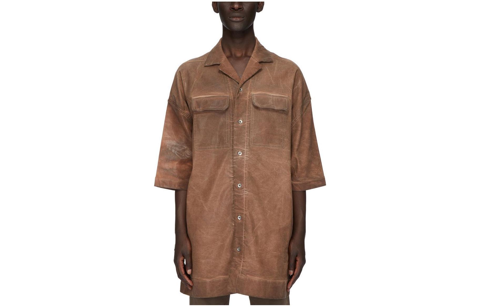 Rick Owens DRKSHDW Henna Brown Overdyed Foil Stretch Denim Cuban Collar Shirt. DU01D1290SCF-54