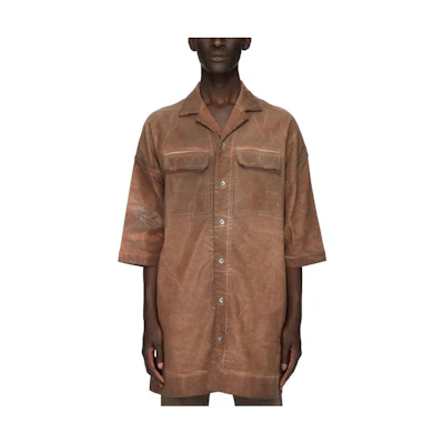Rick Owens DRKSHDW Henna Brown Overdyed Foil Stretch Denim Cuban Collar Shirt. DU01D1290SCF-54
