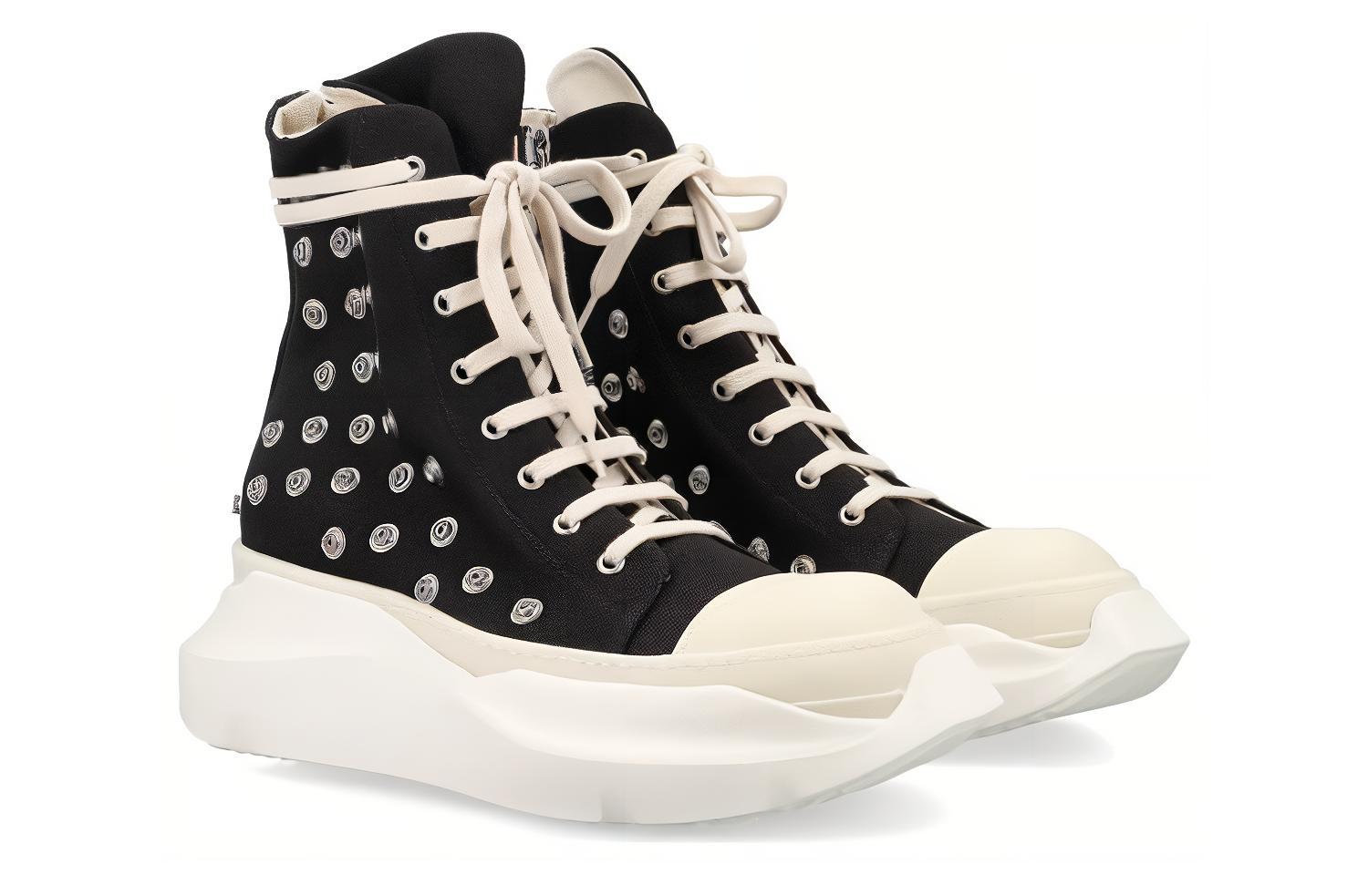 Lookbook 瑞克·歐文斯 DRKSHDW 帆布 圓頭綁帶 增高 高筒 休閒鞋 男款 黑白