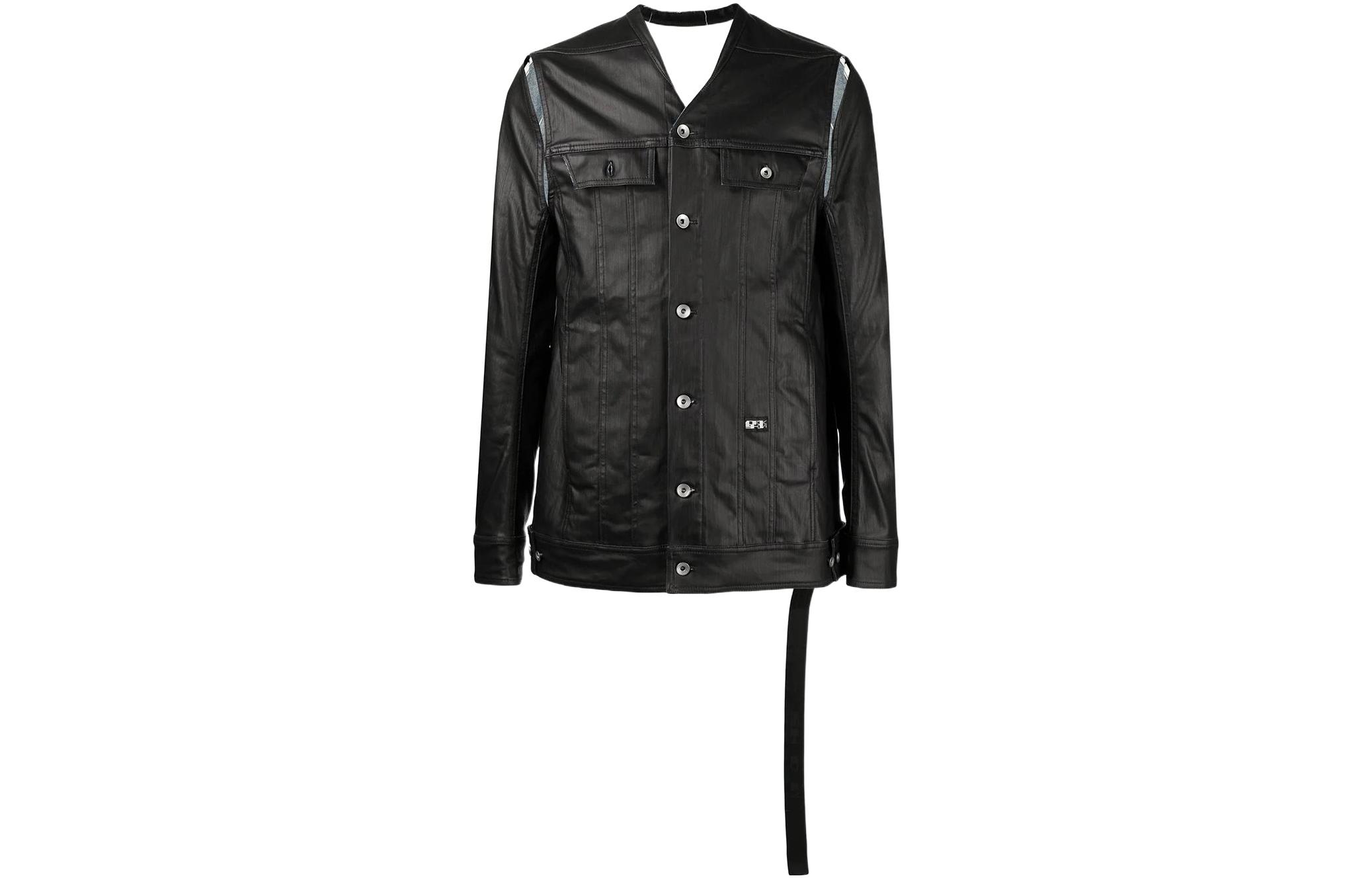 Rick Owens DRKSHDW SS22 Button-Up Leather Jacket Black Long Sleeve DU21S2756-SBKM