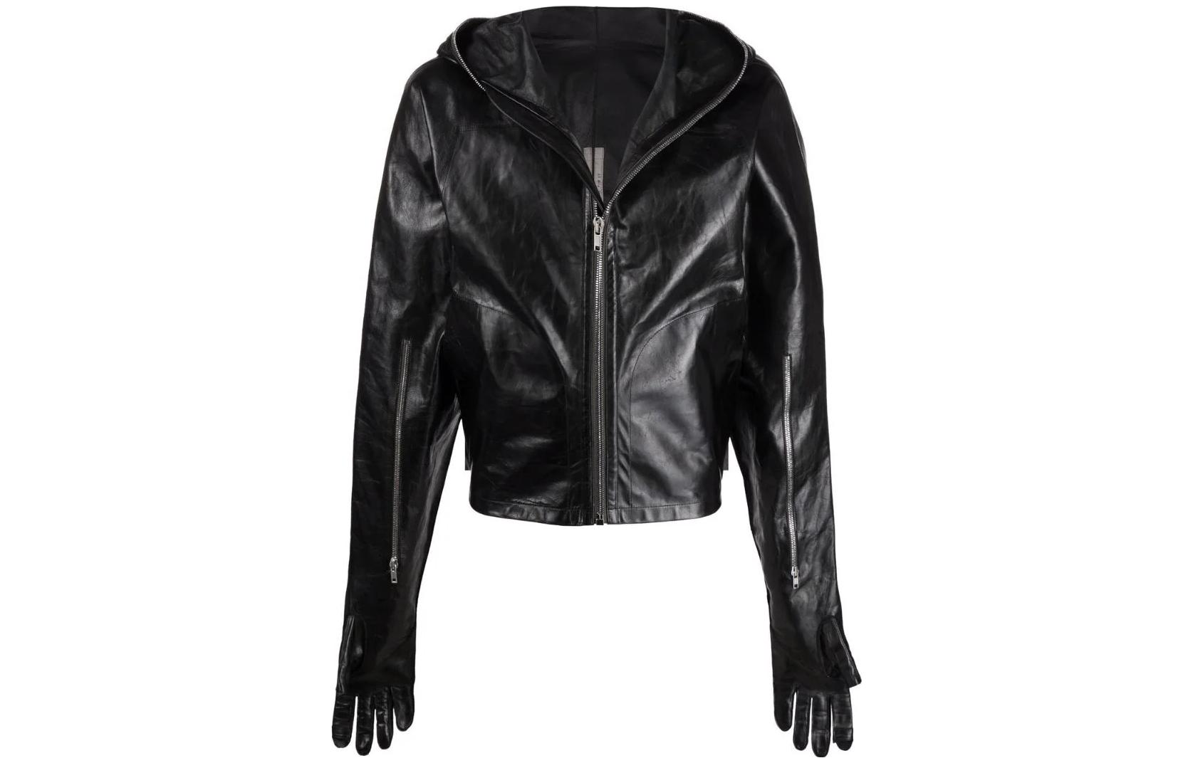 Rick Owens DRKSHDW SS22 Leather Moto Hoodie Jacket Black Long Sleeve RR02A5766LGW-09