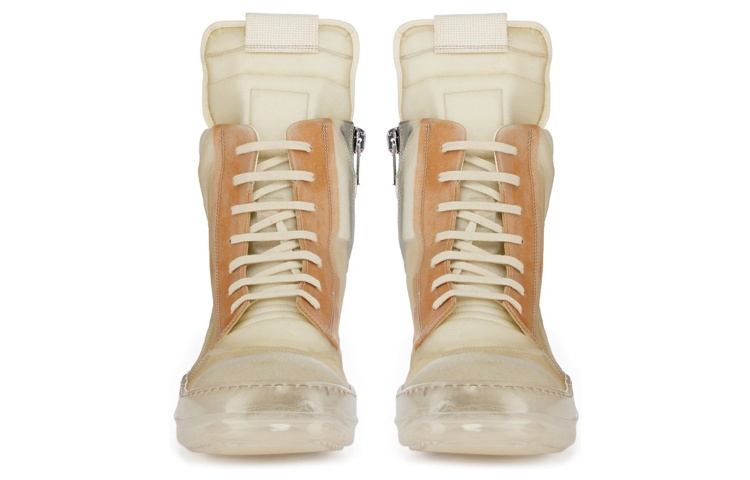 Lookbook RICK OWENS/RO 皮革繫帶高筒時尚運動鞋 男款 米棕 做舊版