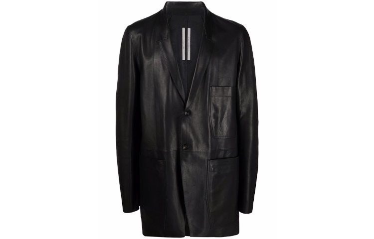 Rick Owens FW21 Black Leather Blazer Jacket with Logo for Men RU02A5723LBL-09