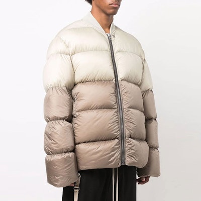 リックオウエンス FW21 カラーブロック パネル ダウンジャケット ベージュ RU02A5788NZD308-54 Purchase リックオウエンス FW21 カラーブロック パネル ダウンジャケット ベージュ RU02A5788NZD308-54