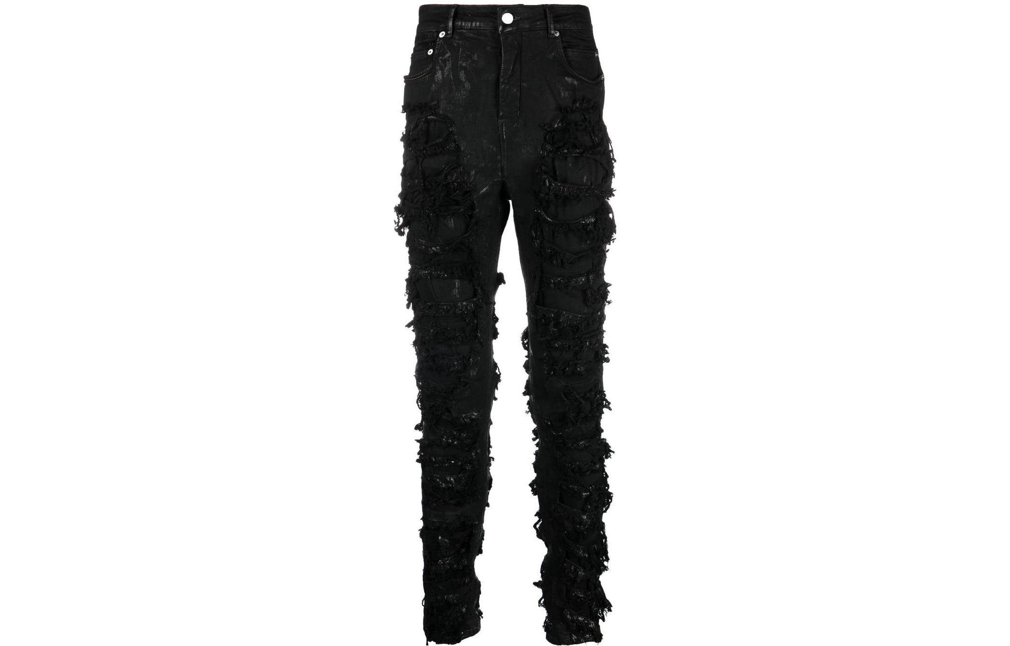 Order Rick Owens FW22 Seluar Jeans Denim Hitam Distressed Slim Fit Gaya Gelap. DU02B4366SBFLS-09
