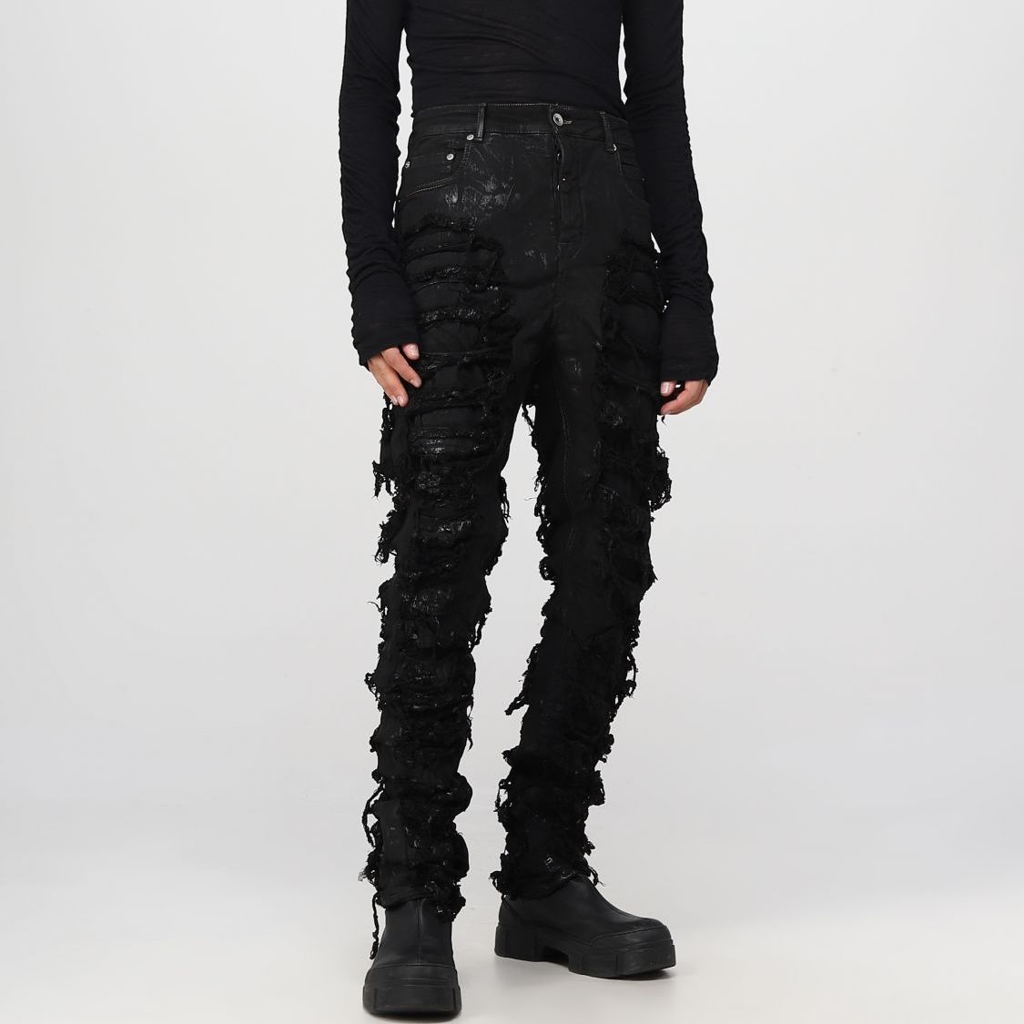 Sizing Rick Owens FW22 Seluar Jeans Denim Hitam Distressed Slim Fit Gaya Gelap. DU02B4366SBFLS-09