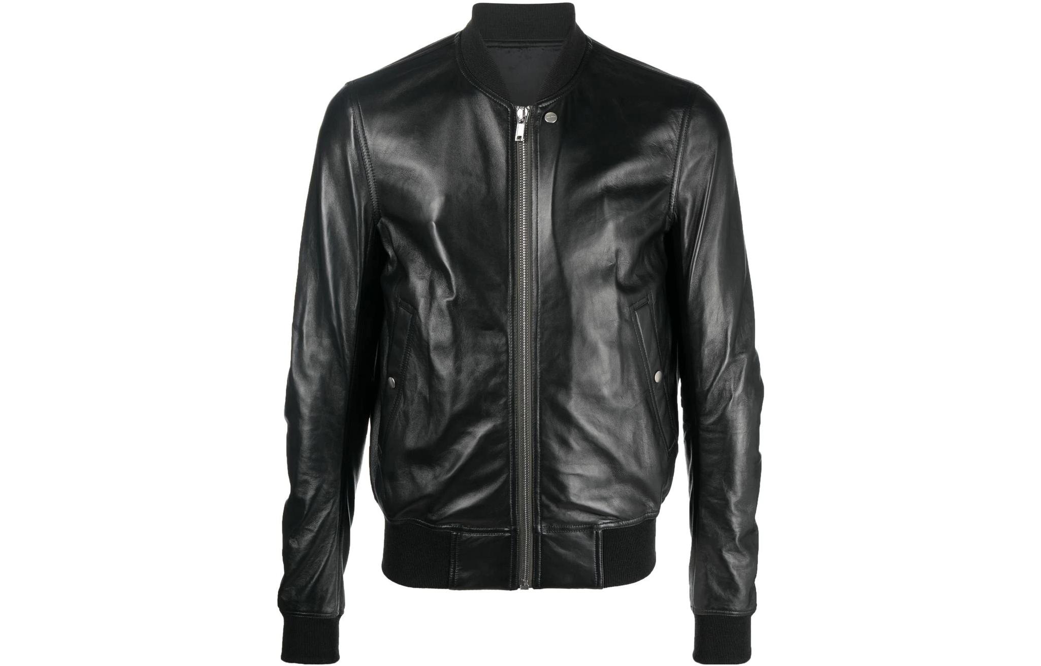 Rick Owens FW22 Plain Baseball Collar Zip Short Bomber Jacket Black Men RU02B2786LLP