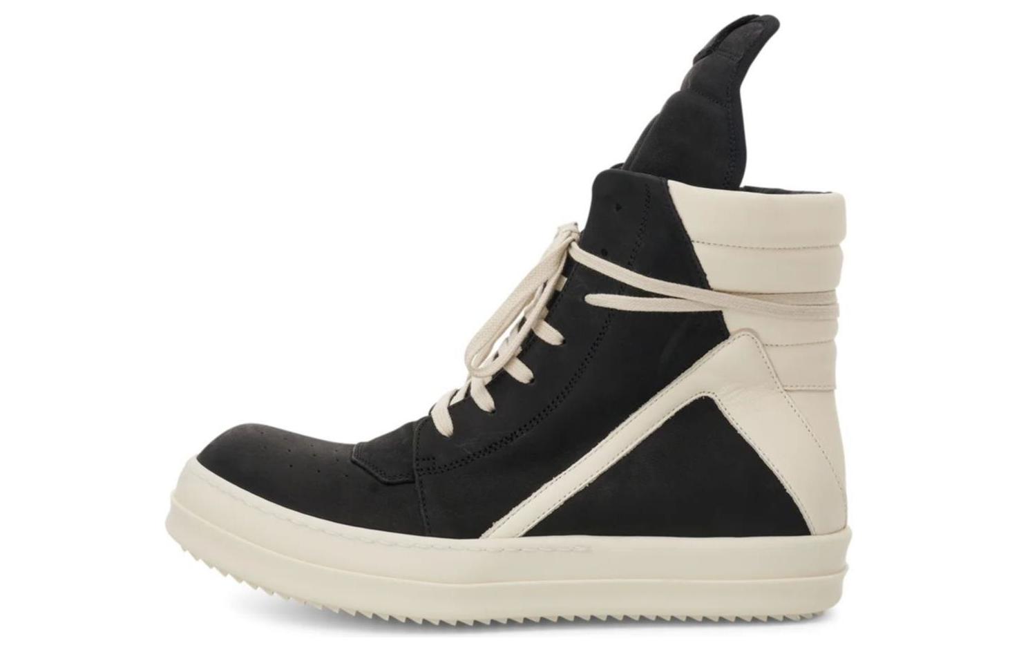 Buy RICK OWENS/RO Geobasket 牛皮 全粒面 高幫繫帶 時尚板鞋 男款 黑白色