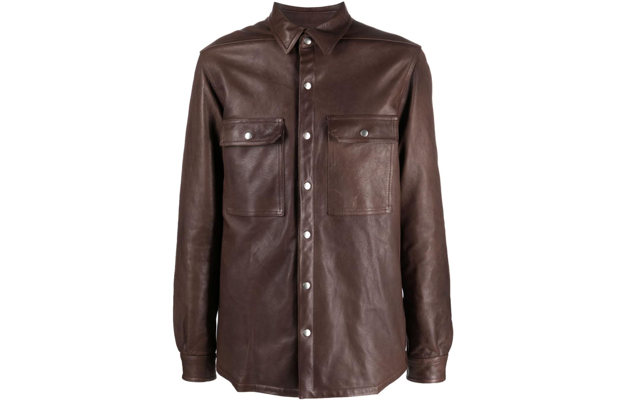 Rick Owens Glossy Plain Square-Neck Long-Sleeve Jacket Shirt Brown RU02C7729LNV