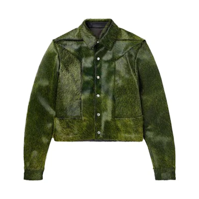 Rick Owens Green Pony Hair Short Jacket with Spread Collar 1647597315389-891