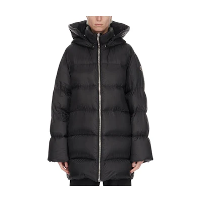 RICK OWENS Logo Patch Puffer Jacket Black Unisex Hooded Zipper Down Coat. MU02D1C02M4426-999