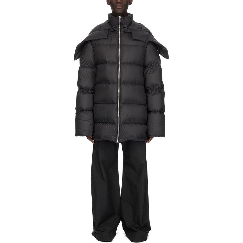 Lookbook RICK OWENS徽标贴黑色连帽拉链羽绒服男女同款外套. MU02D1C02M4426-999