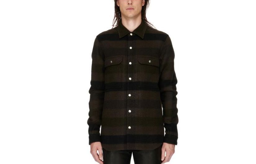 Rick Owens Olive Brown Plaid Loose-Fit Jacket for Men with Button Closure RU02C7729WFNP-78P