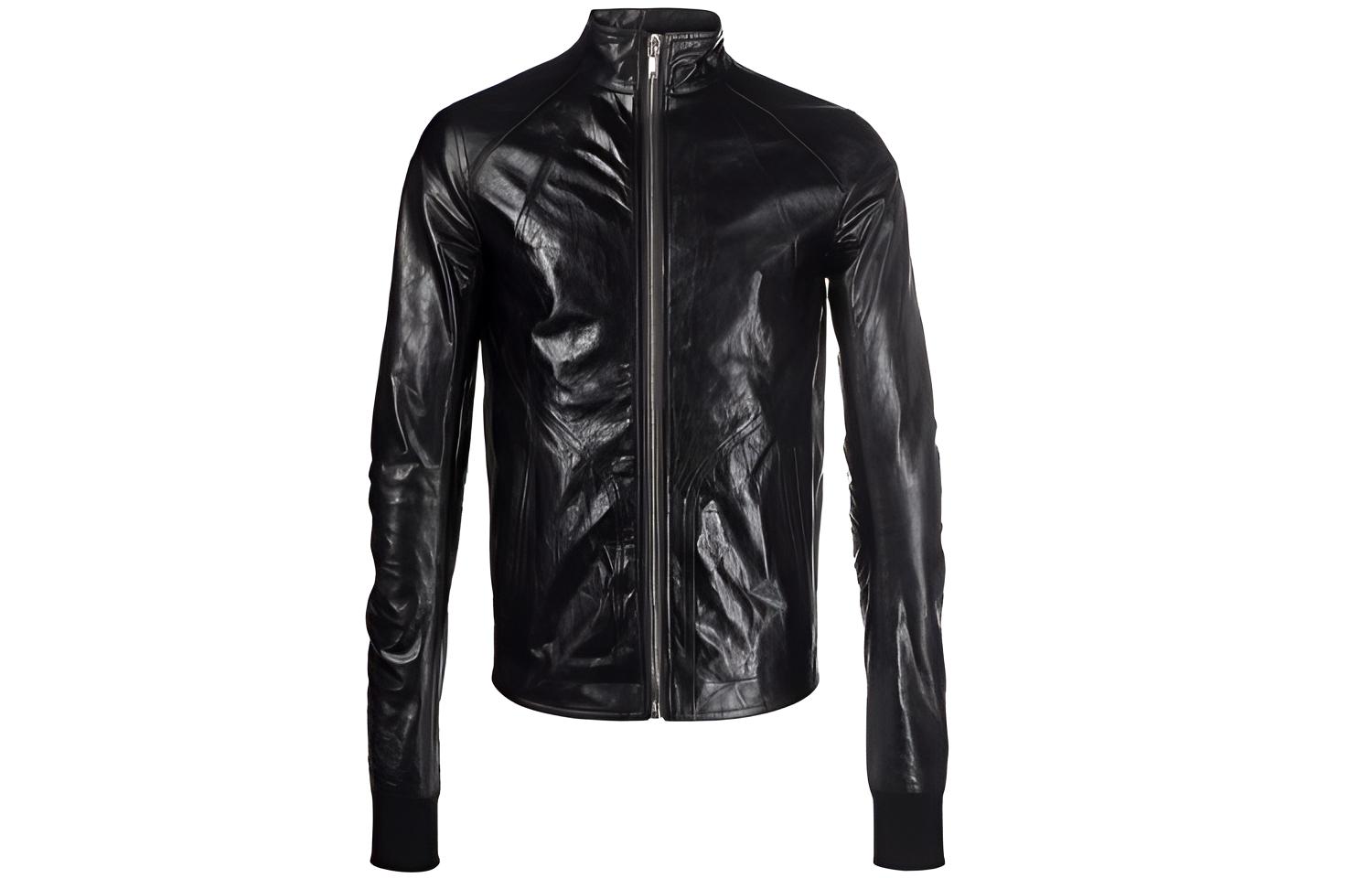 Rick Owens RO FW21 Crinkled Effect Slim Fit High Neck Leather Jacket Black Mens RU02A5761LGW09