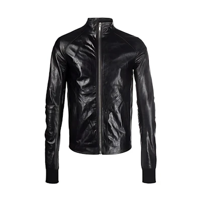 Rick Owens RO FW21 Crinkled Effect Slim Fit High Neck Leather Jacket Black Mens RU02A5761LGW09