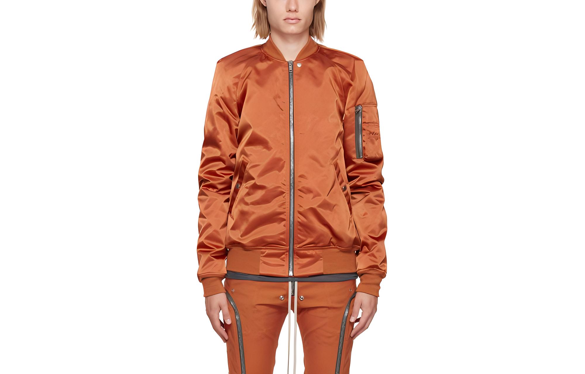 Rick Owens RO Orange Solid Color Zipper Bomber Jacket RU02B2793NBR-53