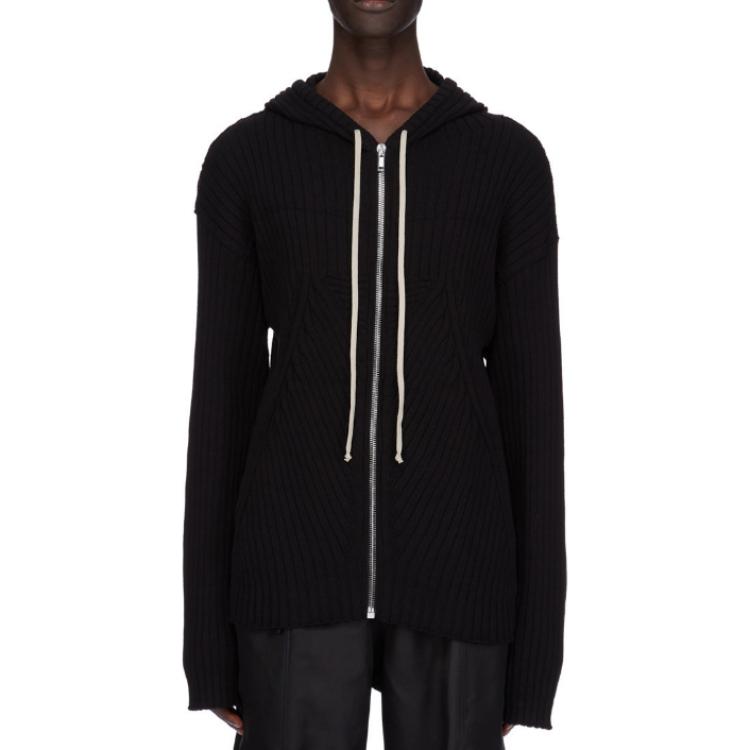 Order RICK OWENS SS25  Black Ribbed Zip-Up Soft Knit Hoodie Long Sleeve Sweater RU01E5614KEC-09