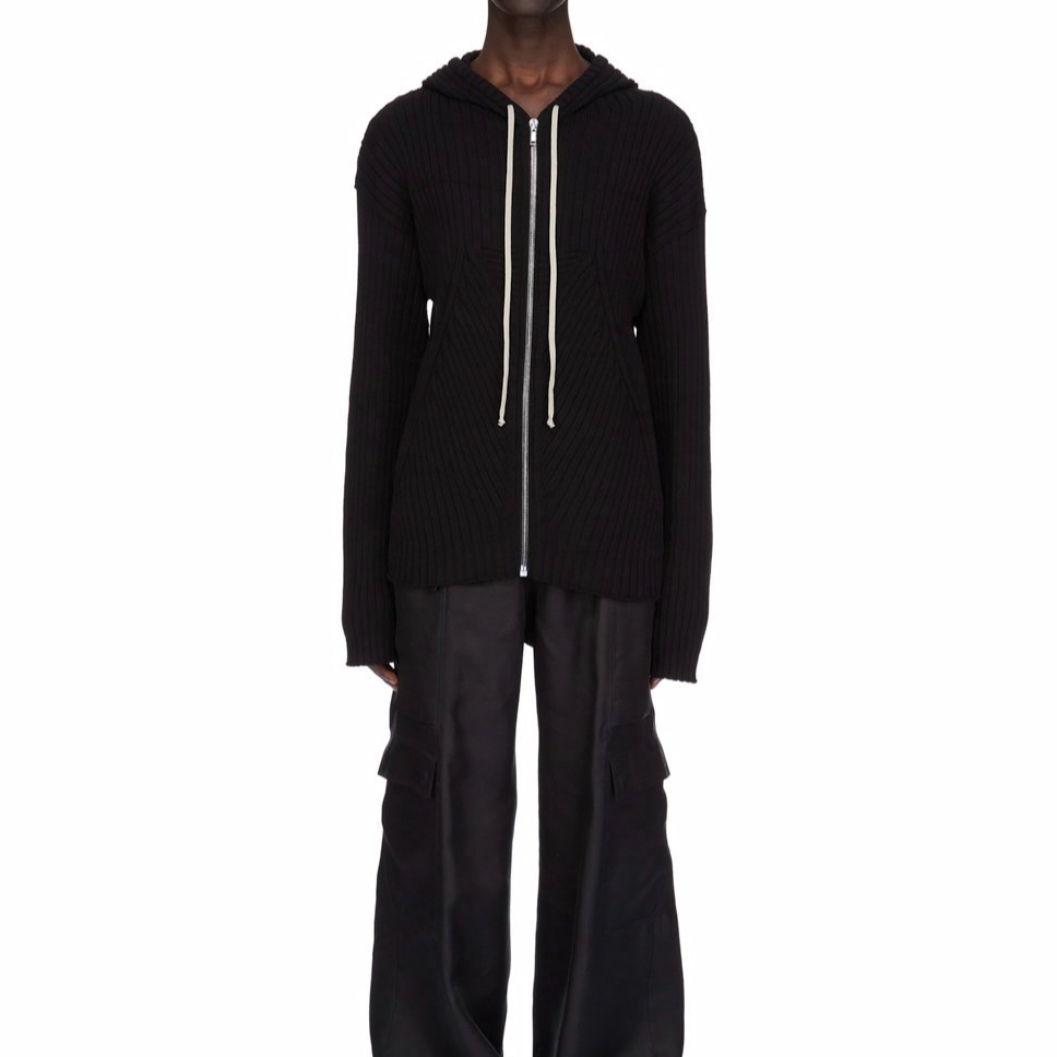 Shop RICK OWENS SS25  Black Ribbed Zip-Up Soft Knit Hoodie Long Sleeve Sweater RU01E5614KEC-09