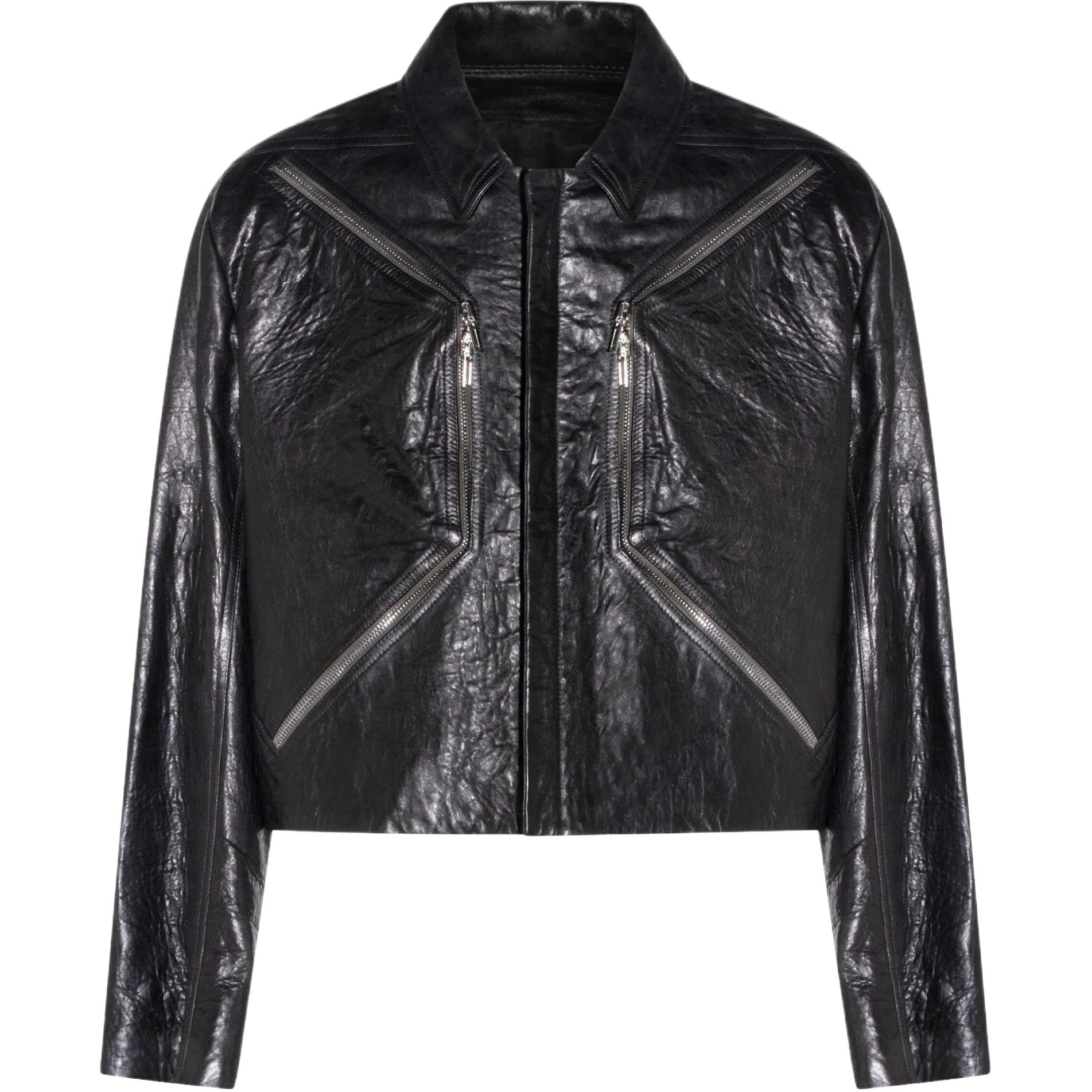 Rick Owens SS26  Leather Jacket with Zip and Pointed Collar Black. RU01F2795LBE09