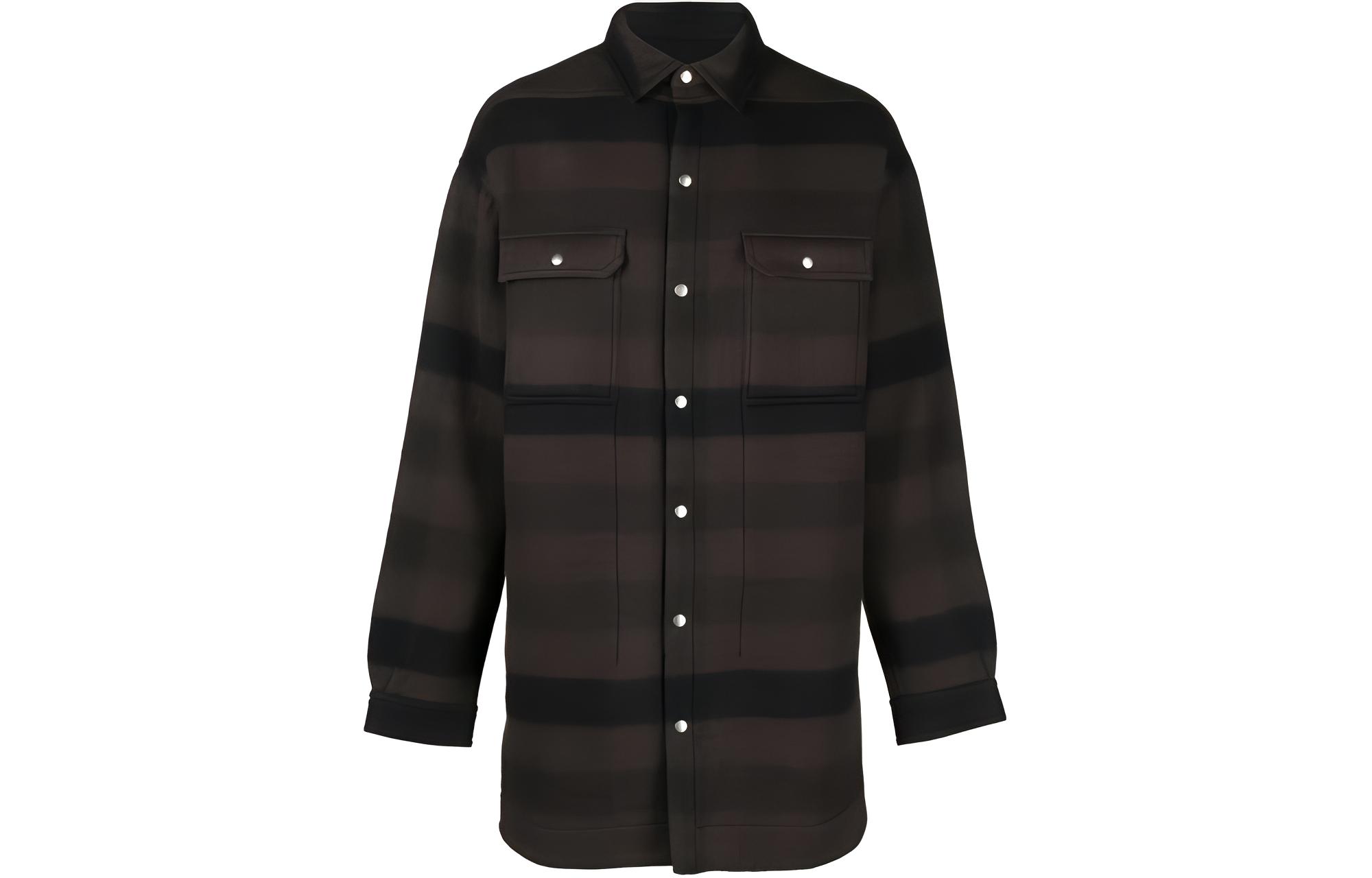 Rick Owens Striped Plaid Print Button-Up Long Jacket Brown Menswear RU02C7728WFNP-78P