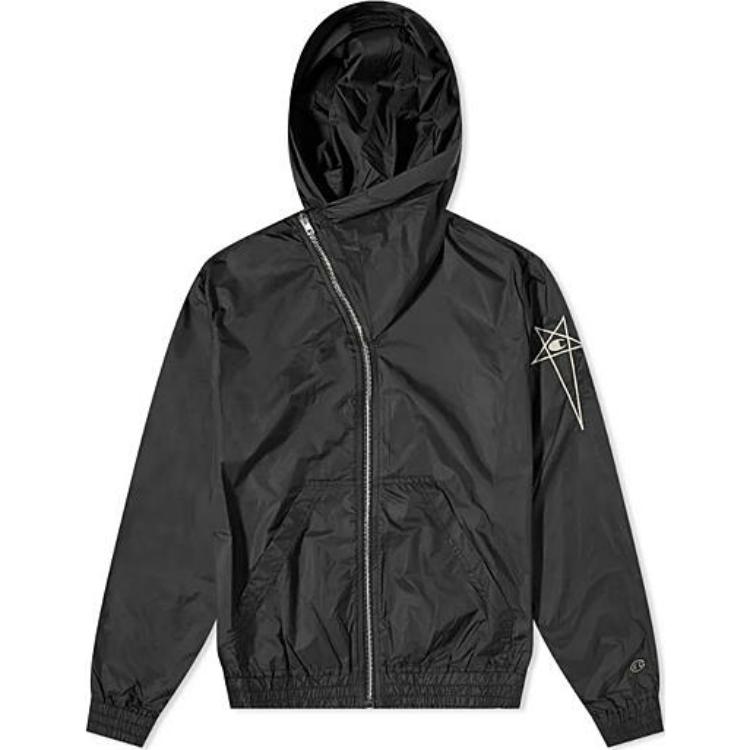 Rick Owens Champion SS22 Black Hoodie Jacket with Dual Logo Embroidery for Men CM01B7824CHNY-09