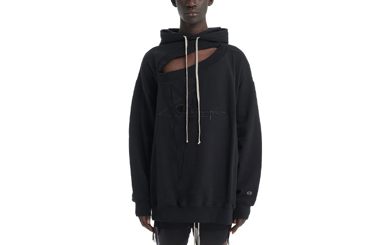 Rick Owens Champion SS22 Cut-Out Drawstring Hoodie Black Menswear CM01b7925CHFE-99