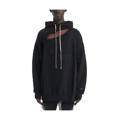Rick Owens Champion SS22 Cut-Out Drawstring Hoodie Black Menswear CM01b7925CHFE-99