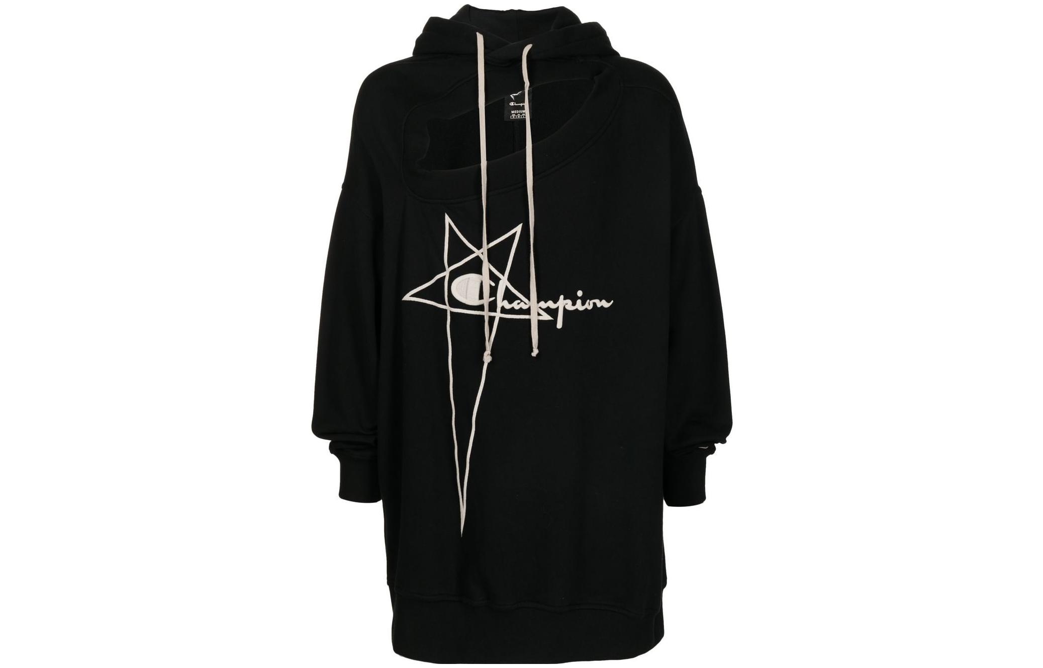 Rick Owens Champion SS22 Cutout Drawstring Hoodie Black Casual Wear CM01B7925CHFE-09