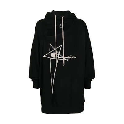 Rick Owens Champion SS22 Cutout Drawstring Hoodie Black Casual Wear CM01B7925CHFE-09