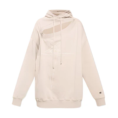 Rick Owens Champion SS22 Distressed Logo Embroidered Hoodie Beige Men’s CM01B7925CHFE-08
