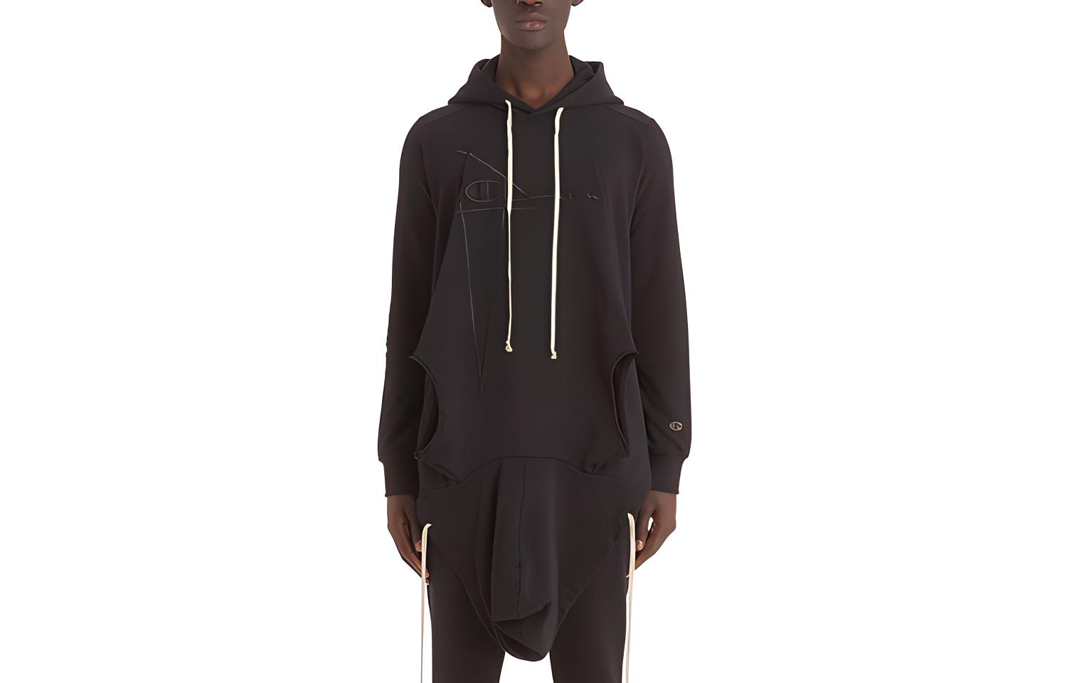 Rick Owens Champion SS22 Logo Embroidered Double-Layer Hoodie Black Mens CM01B7924CHFE-99