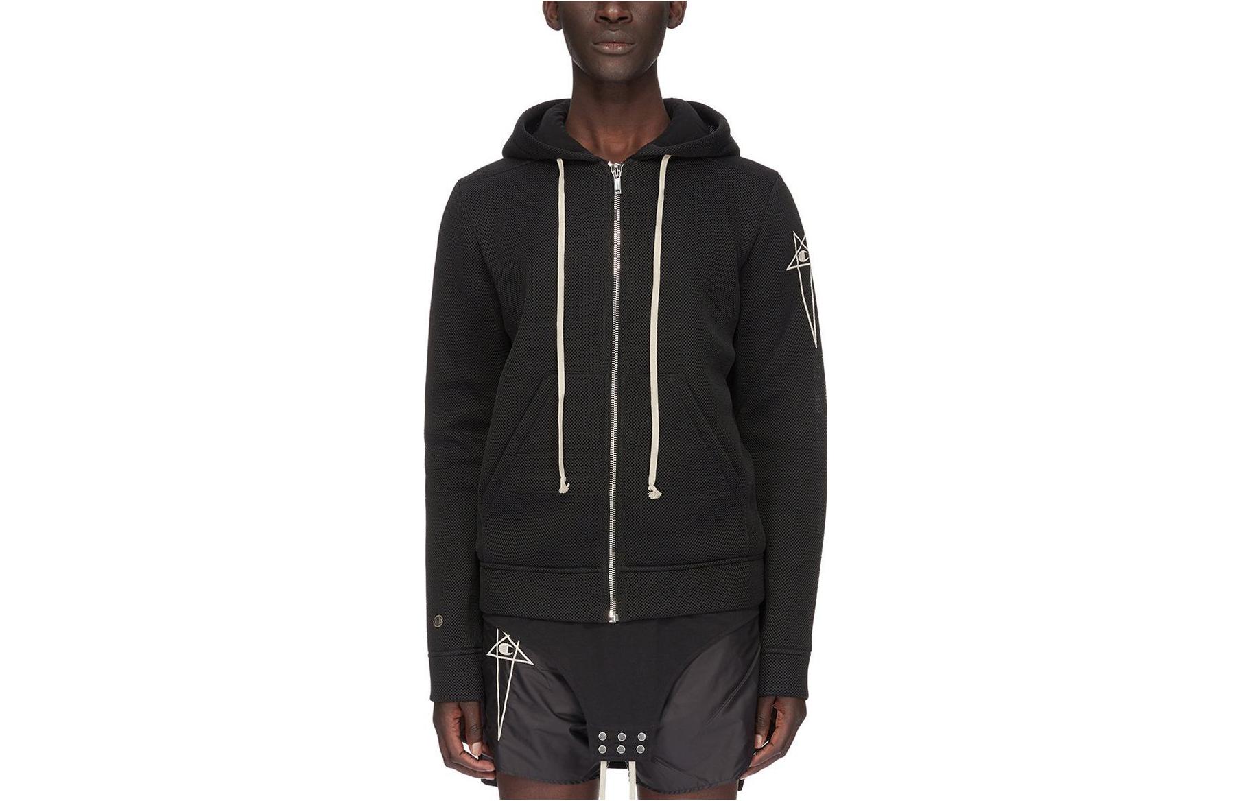 Rick Owens Champion SS23 Drawstring Hoodie Black with Side Logo for Men CM02C9222CHNET3-09