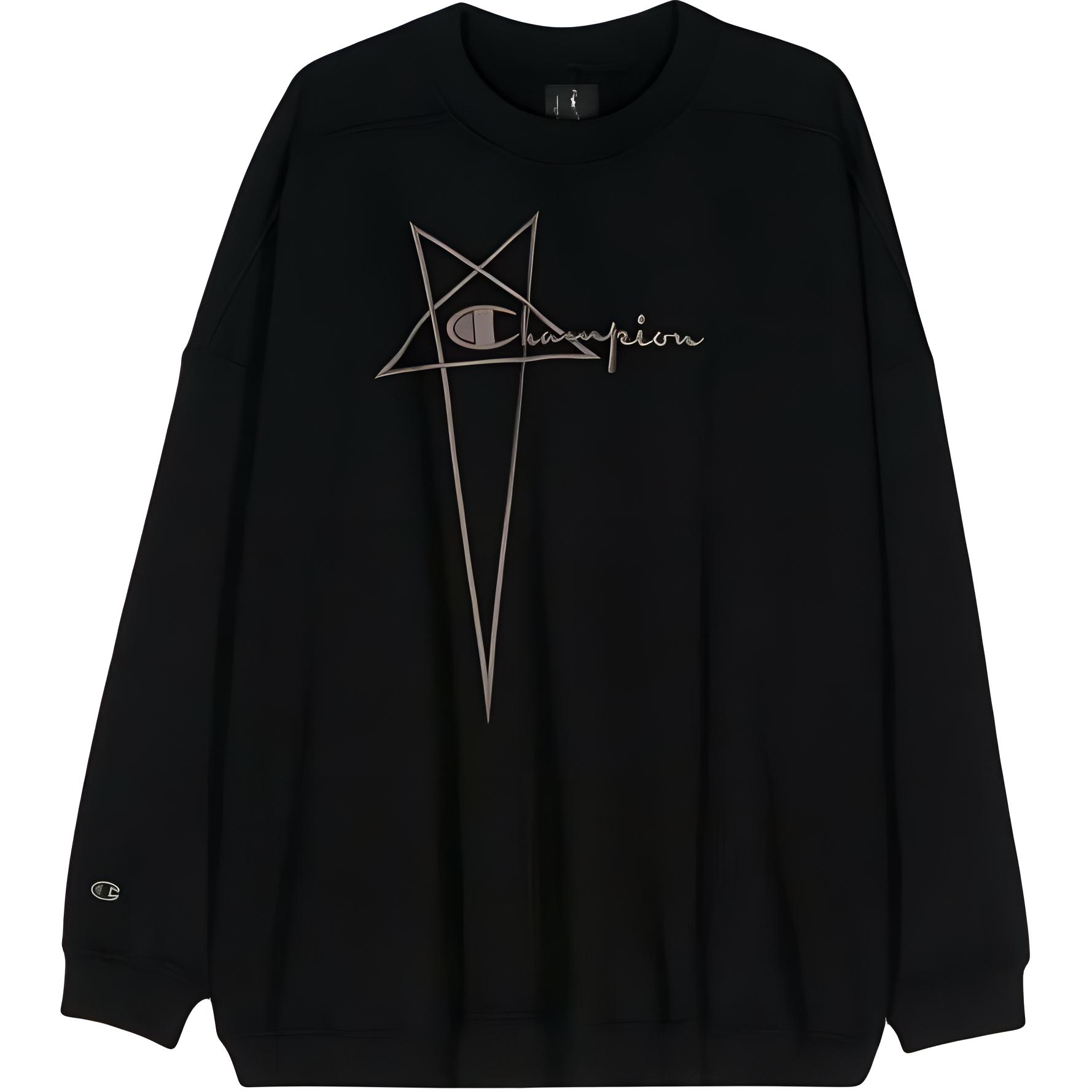 Rick Owens Champion SS24 3D Embroidered Oversized Crewneck Sweatshirt Black CM01D0462-CHFE-09