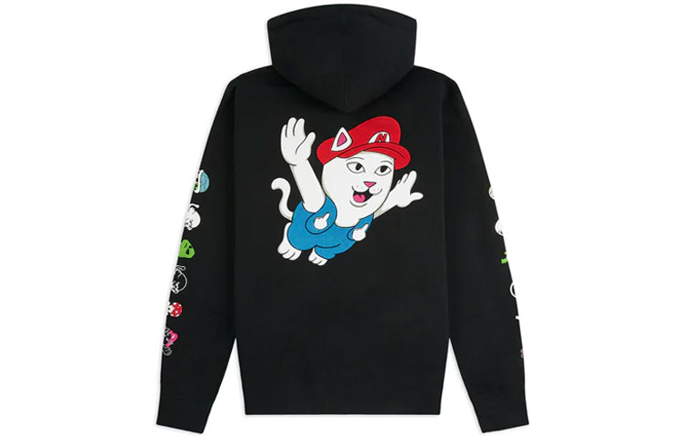 RIPNDIP Black Hoodie with Mario Parody and Middle Finger Cat Design (Unisex) RND4136